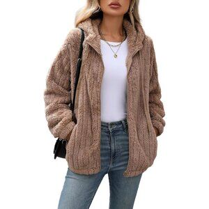 Womens Fleece Jacket Fall Winter Full Zip Sherpa Coat with Hood S-5XL